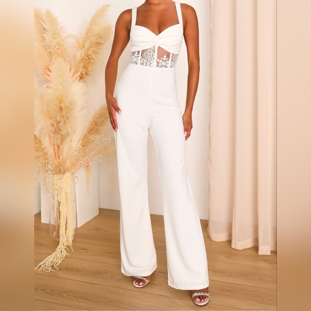 Lulu's White Lace-Panel Wide Leg Jumpsuit